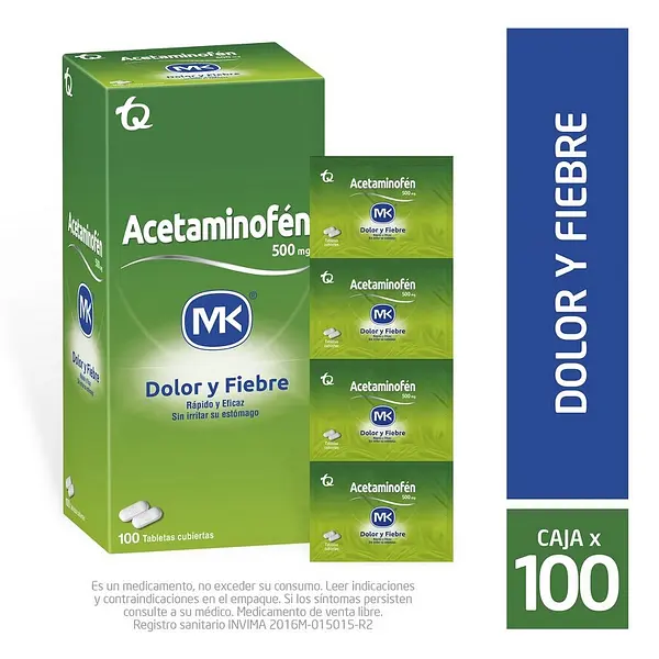 Acetaminofén 500 mg 100 tabletas MK