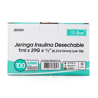 Jeringa Alfa Insulina 1 cc 29G x 1/2 13 mm 100 unidades