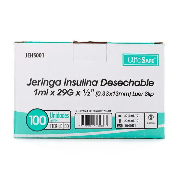 Jeringa Alfa Insulina 1 cc 29G x 1/2 13 mm 100 unidades
