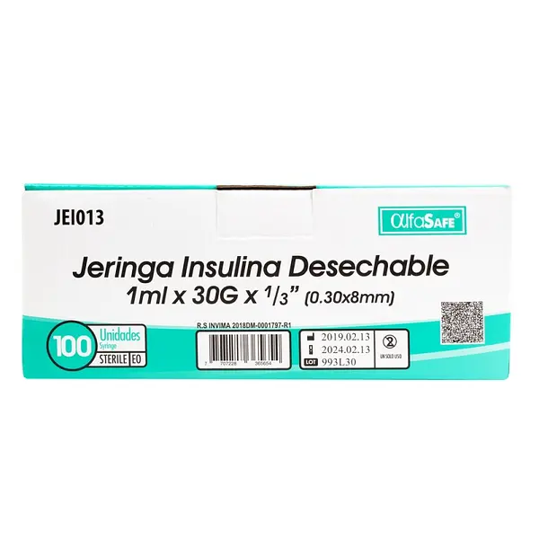 Jeringa Alfa Insulina 1 cc 30Gx1/3 8 mm x100