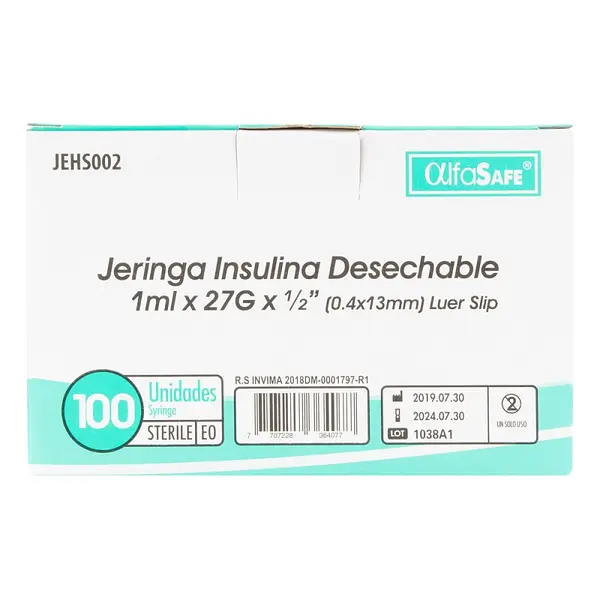 Jeringa Alfa Insulina 1 ml 27Gx1/2 (13 mm) x100