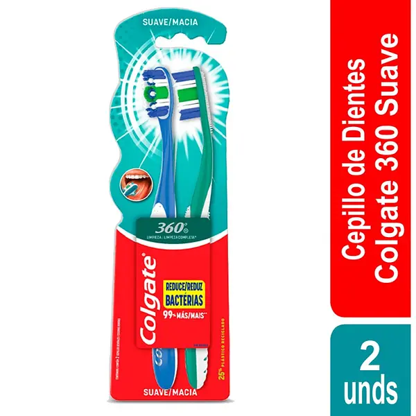 Cepillo Colgate 360 Cabeza Normal Suave 2x1