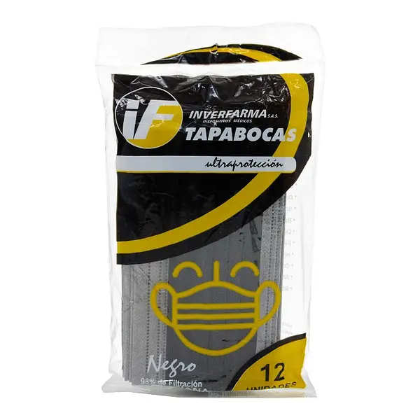 Tapabocas 3 Pliegues Negro 12 unidades