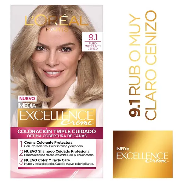 Tinte Excellence Crème Kit 9.1 Rubio Claro Cenizo